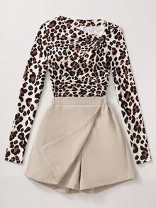 SHEIN 1 Set Tween Girls Spring/Autumn Fashion Old Money Style Versatile Asymmetrical Shoulder T-Shirt & Shorts Set, Leopard Print Apricot Cinched Cinched Waist - Apricot - View 6