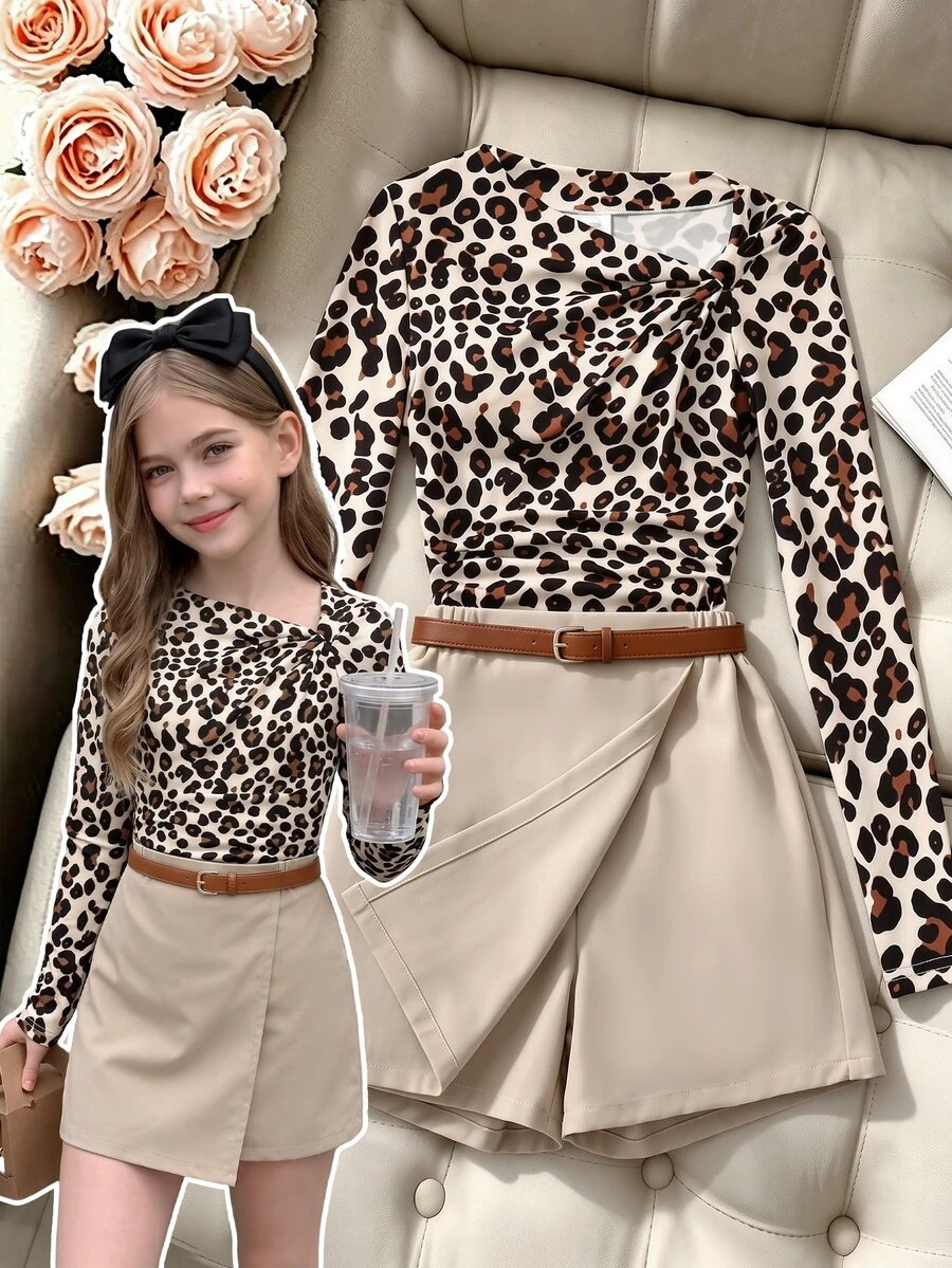 SHEIN 1 Set Tween Girls Spring/Autumn Fashion Old Money Style Versatile Asymmetrical Shoulder T-Shirt & Shorts Set, Leopard Print Apricot Cinched Cinched Waist - Apricot - View 1