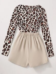 SHEIN 1 Set Tween Girls Spring/Autumn Fashion Old Money Style Versatile Asymmetrical Shoulder T-Shirt & Shorts Set, Leopard Print Apricot Cinched Cinched Waist - Apricot - View 2