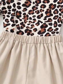 SHEIN 1 Set Tween Girls Spring/Autumn Fashion Old Money Style Versatile Asymmetrical Shoulder T-Shirt & Shorts Set, Leopard Print Apricot Cinched Cinched Waist - Apricot - View 4