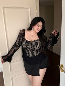 Vibekara Plus Size Women Sweetheart Neckline Fitted Sexy Elegant Minimalist Long Sleeve Lace Ruched Chest T-Shirt Halloween Night Evening Party Black Fall - Black - View 4