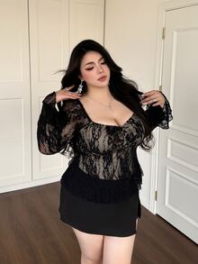 Vibekara Plus Size Women Sweetheart Neckline Fitted Sexy Elegant Minimalist Long Sleeve Lace Ruched Chest T-Shirt Halloween Night Evening Party Black Fall - Black - View 3
