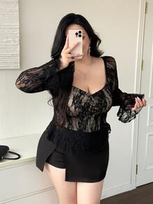 Vibekara Plus Size Women Sweetheart Neckline Fitted Sexy Elegant Minimalist Long Sleeve Lace Ruched Chest T-Shirt Halloween Night Evening Party Black Fall - Black - View 8