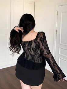 Vibekara Plus Size Women Sweetheart Neckline Fitted Sexy Elegant Minimalist Long Sleeve Lace Ruched Chest T-Shirt Halloween Night Evening Party Black Fall - Black - View 2