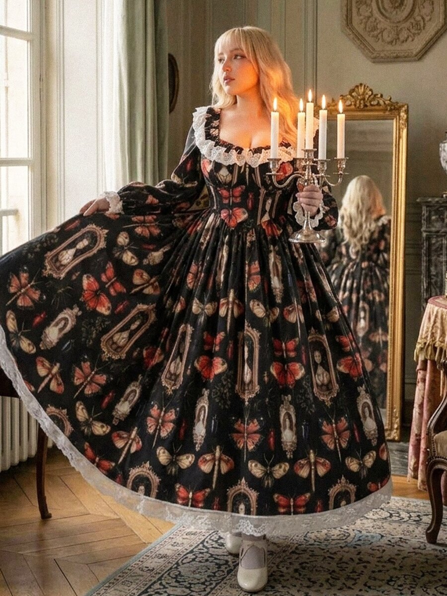 Lyrianda Plus Size Vintage Court Style Butterfly Print Dress Fall