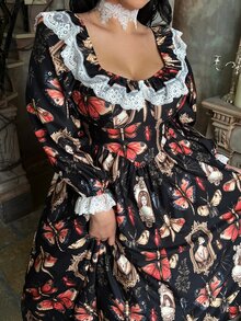 Lyrianda Plus Size Vintage Court Style Butterfly Print Dress Fall - Multicolor - View 4