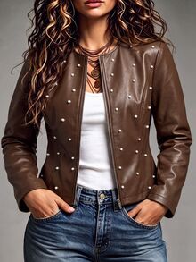 Elenzga Plus Size Women's PU Leather Jacket, Round Neck, Studded, Zipper Closure, Minimalist Fashion - Brown - View 8