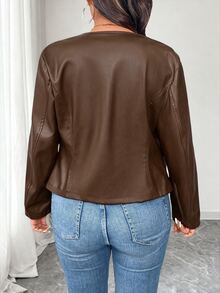 Elenzga Plus Size Women's PU Leather Jacket, Round Neck, Studded, Zipper Closure, Minimalist Fashion - Brown - View 2