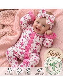 SHEIN Little Sleepies Pajamas For Newborn Baby, Viscose From Bamboo Baby Pajamas Cartoon Pattern Romper & Headband Set - Pink - View 7