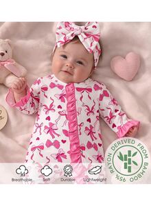 SHEIN Little Sleepies Pajamas For Newborn Baby, Viscose From Bamboo Baby Pajamas Cartoon Pattern Romper & Headband Set - Pink - View 8
