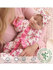 SHEIN Little Sleepies Pajamas For Newborn Baby, Viscose From Bamboo Baby Pajamas Cartoon Pattern Romper & Headband Set - Pink - View 1