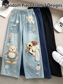 SHEIN 青少年女孩秋冬新款熊與花卉印花寬腿運動褲，休閒百搭貼身低腰彈性腰帶鬆寬腿保暖內裡運動褲，返校季，街頭復古風，舒適，兒童秋季疊穿，運動套裝，外出，街頭風，校園，萬聖節 - 彩色 - 查看 2
