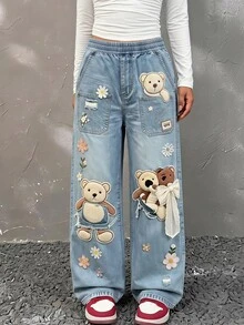 SHEIN 青少年女孩秋冬新款熊與花卉印花寬腿運動褲，休閒百搭貼身低腰彈性腰帶鬆寬腿保暖內裡運動褲，返校季，街頭復古風，舒適，兒童秋季疊穿，運動套裝，外出，街頭風，校園，萬聖節 - 彩色 - 查看 3