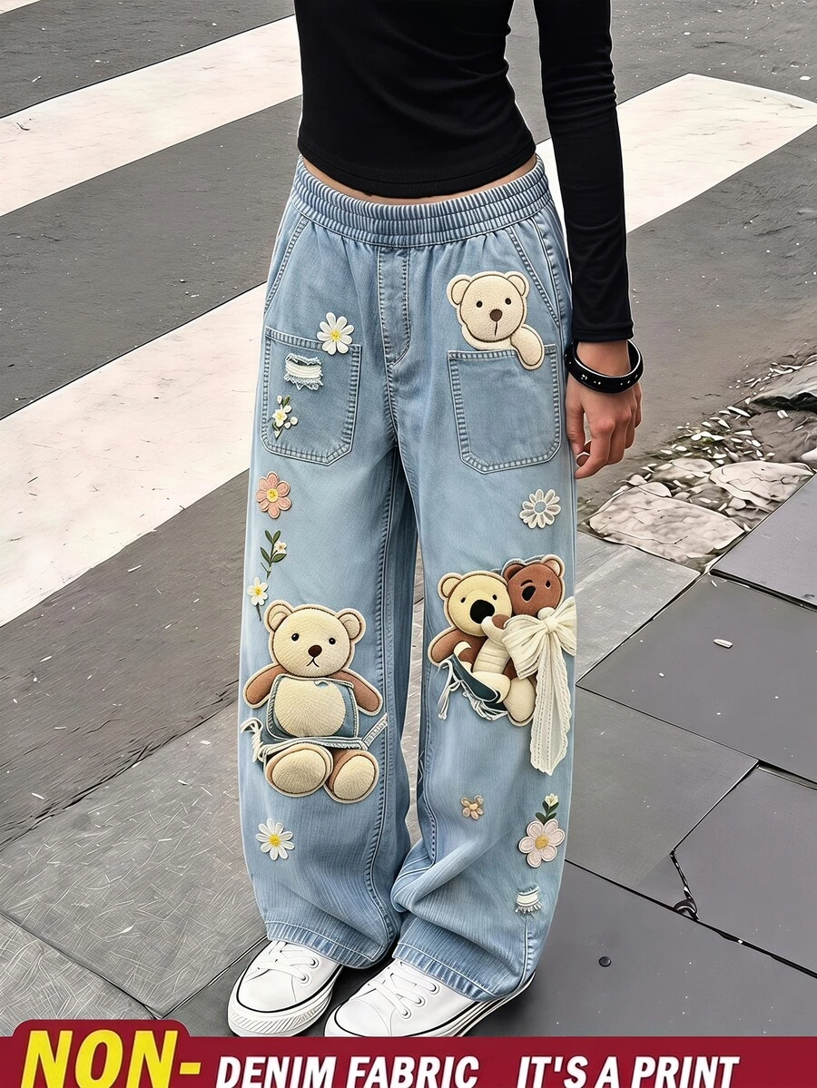 SHEIN 青少年女孩秋冬新款熊與花卉印花寬腿運動褲,休閒百搭貼身低腰彈性腰帶鬆寬腿保暖內裡運動褲,返校季,街頭復古風,舒適,兒童秋季疊穿,運動套裝,外出,街頭風,校園,萬聖節 - 彩色 - 查看 1