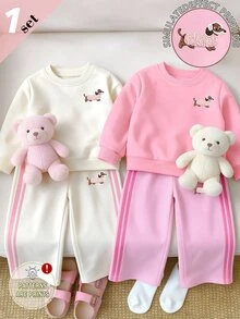 Baby Girls Cartoon Dog Embroidered Sweatshirt & Wide Leg Pants Set, Pink Stripe Detail (1 Set) Fall Winter - Multicolor - View 1