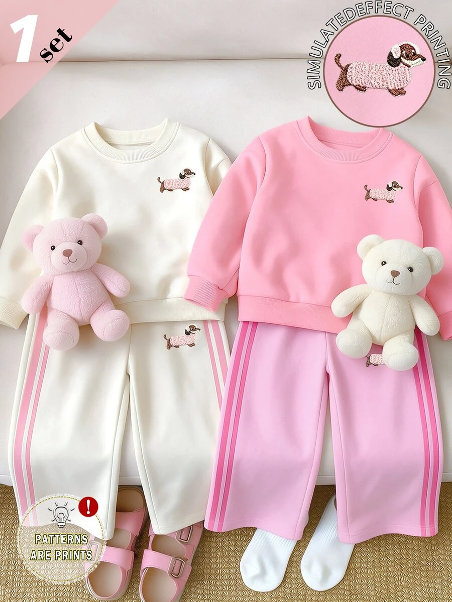 Baby Girls Cartoon Dog Embroidered Sweatshirt & Wide Leg Pants Set, Pink Stripe Detail (1 Set) Fall Winter - Multicolor - View 1