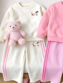 Baby Girls Cartoon Dog Embroidered Sweatshirt & Wide Leg Pants Set, Pink Stripe Detail (1 Set) Fall Winter - Multicolor - View 5