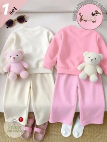 Baby Girls Cartoon Dog Embroidered Sweatshirt & Wide Leg Pants Set, Pink Stripe Detail (1 Set) Fall Winter - Multicolor - View 2