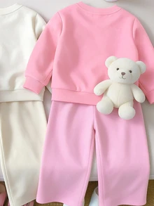 Baby Girls Cartoon Dog Embroidered Sweatshirt & Wide Leg Pants Set, Pink Stripe Detail (1 Set) Fall Winter - Multicolor - View 4