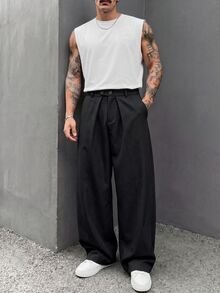 HIMLAND 男士純色百褶寬腿休閒長褲，附口袋 - 黑色 - 查看 7