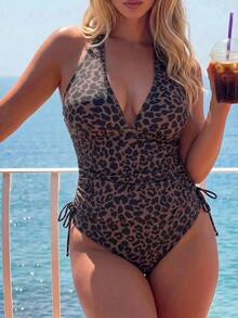 SHEIN Swim Plus Size Women 2pcs Set Random Leopard Print Elegant Casual Beach Pool Tank Top Swimwear - Brown - View 4