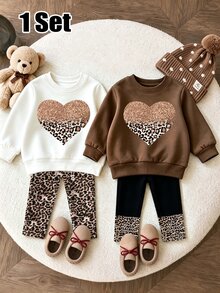 Baby Girls Heart & Leopard Print Sweatshirt & Flared Pants Set, Cream & Brown (1 Set) Fall Winter - Multicolor - View 3