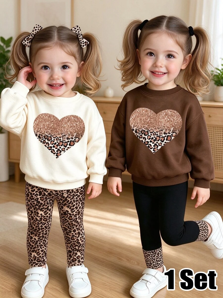 Baby Girls Heart & Leopard Print Sweatshirt & Flared Pants Set, Cream & Brown (1 Set) Fall Winter - Multicolor - View 1