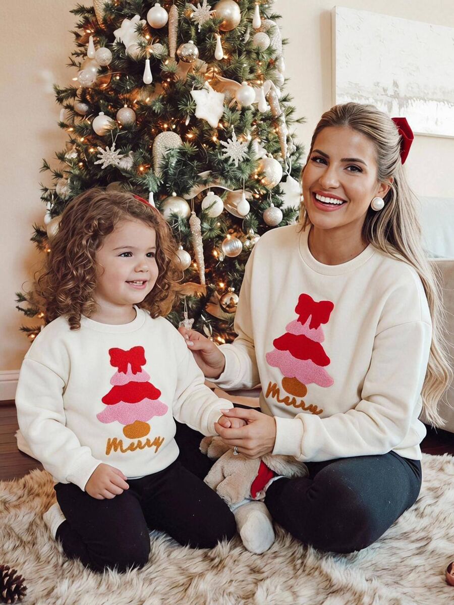 SHEIN Kids Infant Red Christmas Tree & Letter Embroidered Towel Pattern White Crew Neck Long Sleeve Pullover Autumn Sweatshirt - Beige - View 1