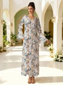 Al Najma Women's Elegant Modest V-Neck Ruffle Sleeve Full Skirt Printed Dress, Exquisite Floral Pattern, Conservative, Polyester, For Home, Outings, Summer - Multicolor - View 1