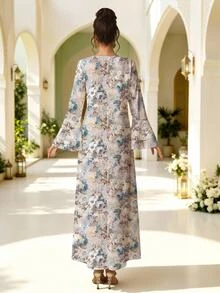 Al Najma Women's Elegant Modest V-Neck Ruffle Sleeve Full Skirt Printed Dress, Exquisite Floral Pattern, Conservative, Polyester, For Home, Outings, Summer - Multicolor - View 2