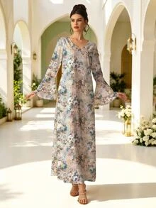 Al Najma Women's Elegant Modest V-Neck Ruffle Sleeve Full Skirt Printed Dress, Exquisite Floral Pattern, Conservative, Polyester, For Home, Outings, Summer - Multicolor - View 4