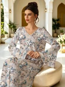 Al Najma Women's Elegant Modest V-Neck Ruffle Sleeve Full Skirt Printed Dress, Exquisite Floral Pattern, Conservative, Polyester, For Home, Outings, Summer - Multicolor - View 5