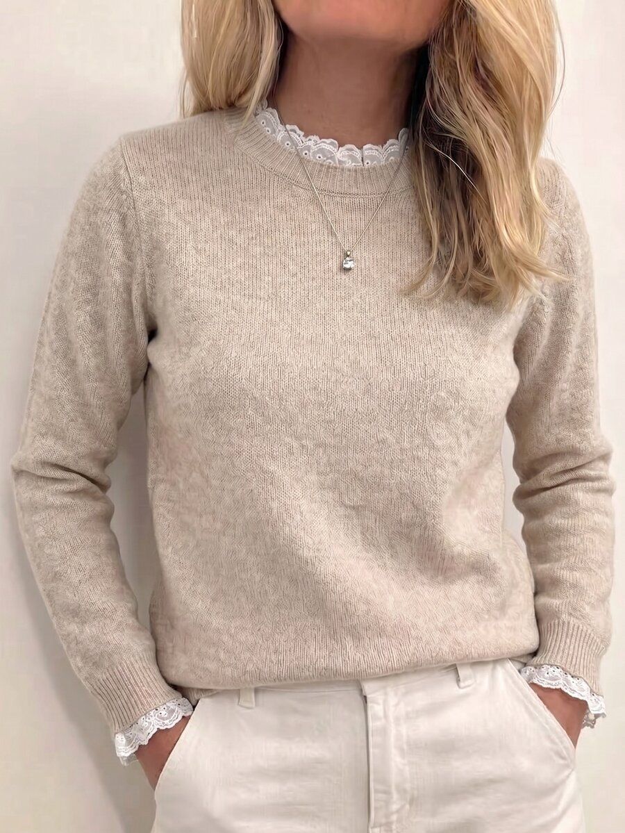 Sprig & Strand Spring/Summer Women's Casual Home Leisure Comfortable Elegant Knit Top, Solid Color Long Sleeve Pullover With Small Round Neck And Lace Patchwork, Office Commute Sweater - Apricot - View 1