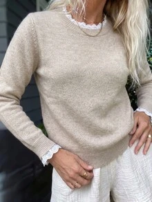 Sprig & Strand Spring/Summer Women's Casual Home Leisure Comfortable Elegant Knit Top, Solid Color Long Sleeve Pullover With Small Round Neck And Lace Patchwork, Office Commute Sweater - Apricot - View 8