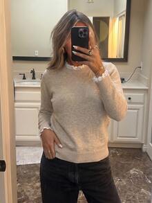 Sprig & Strand Spring/Summer Women's Casual Home Leisure Comfortable Elegant Knit Top, Solid Color Long Sleeve Pullover With Small Round Neck And Lace Patchwork, Office Commute Sweater - Apricot - View 6