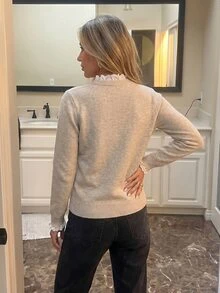 Sprig & Strand Spring/Summer Women's Casual Home Leisure Comfortable Elegant Knit Top, Solid Color Long Sleeve Pullover With Small Round Neck And Lace Patchwork, Office Commute Sweater - Apricot - View 2