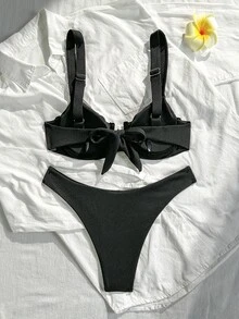 SHEIN Swim Summer Beach Rib Bikini Set Underwire Bra & High Cut Bottom 2 Piece Bathing Suit - Black - View 3