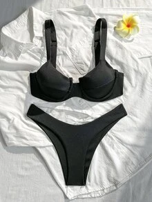 SHEIN Swim Summer Beach Rib Bikini Set Underwire Bra & High Cut Bottom 2 Piece Bathing Suit - Black - View 6