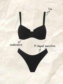 SHEIN Swim Summer Beach Rib Bikini Set Underwire Bra & High Cut Bottom 2 Piece Bathing Suit - Black - View 2