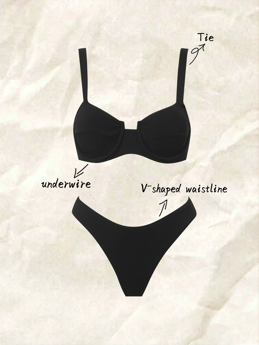 SHEIN Swim Summer Beach Rib Bikini Set Underwire Bra & High Cut Bottom 2 Piece Bathing Suit