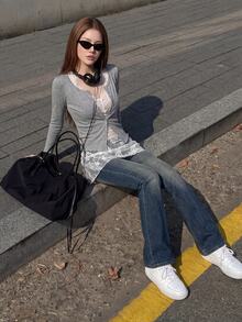 Sweetina 2pcs/Set Women's Long Sleeve Knit Cardigan Lace Spaghetti Strap Camisole Top Date Everyday Grey White Autumn Casual Romantic - Grey - View 4