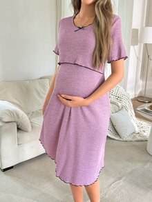 Moonlight&Mama 休闲纯色罗纹针织面料哺乳友好型圆领短袖孕妇连衣裙/家居服 - 粉色 - 查看 5