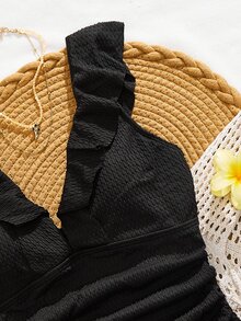 Swim Vcay بدلة سباحة قطعة واحدة للنساء بياقة على شكل حرف V وتصميم كشكشة من قماش ذو ملمس، مناسبة للشاطئ والمنتجعات - الأسود - مشاهدة 8