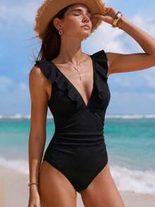 Swim Vcay بدلة سباحة قطعة واحدة للنساء بياقة على شكل حرف V وتصميم كشكشة من قماش ذو ملمس، مناسبة للشاطئ والمنتجعات - الأسود - مشاهدة 5
