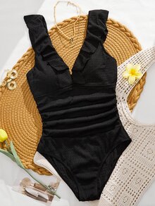 Swim Vcay بدلة سباحة قطعة واحدة للنساء بياقة على شكل حرف V وتصميم كشكشة من قماش ذو ملمس، مناسبة للشاطئ والمنتجعات - الأسود - مشاهدة 6