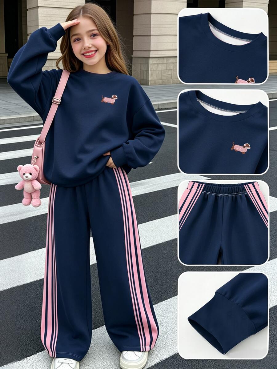 Tween Girls Crew Neck Sweatshirt & Wide Leg Pants Set Puppy Stripe Print Navy Pink Cozy Fall Winter 1 Set - Multicolor - View 1