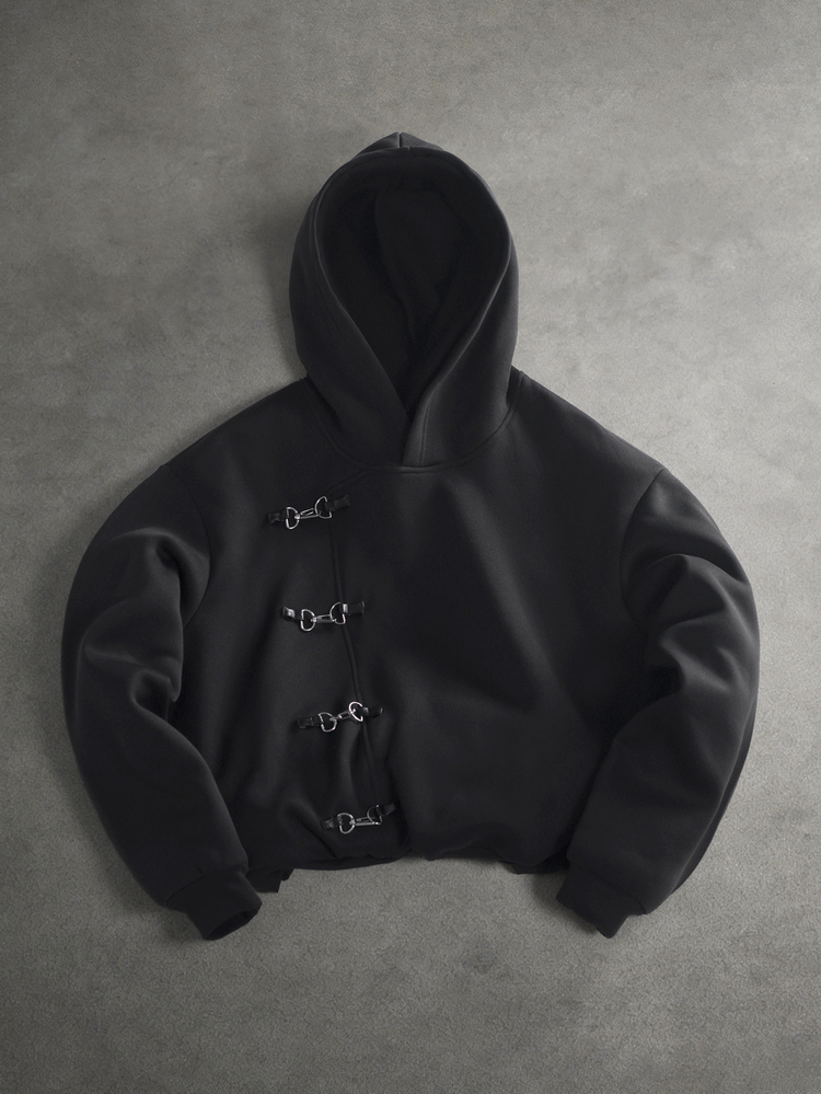 SLATEMANN Hoodie Lengan Panjang Pria dengan Dekorasi Gesper Logam - Hitam - View 1