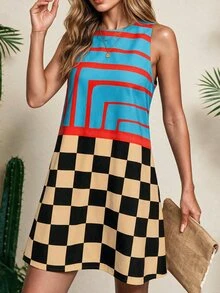 Vaclyn Women's Colorblock, Striped, Checkered Sleeveless Dress - Multicolor - View 3