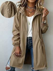 EMERY ROSE Plus Size Women's Spring/Autumn Solid Color Hooded Gathered Waist Double Pocket Open Front Single-Breasted Button Hem Slit Mid-Length Casual Elegant Versatile Daily Trench Coat Jacket - Black - View 1