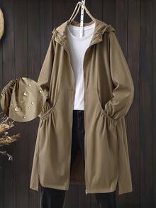EMERY ROSE Plus Size Women's Spring/Autumn Solid Color Hooded Gathered Waist Double Pocket Open Front Single-Breasted Button Hem Slit Mid-Length Casual Elegant Versatile Daily Trench Coat Jacket - Black - View 5